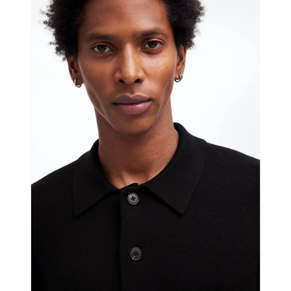 Madewell Polo Sweater Mens Medium Black Merino Wool Milano-Knit Quiet Luxury NWT